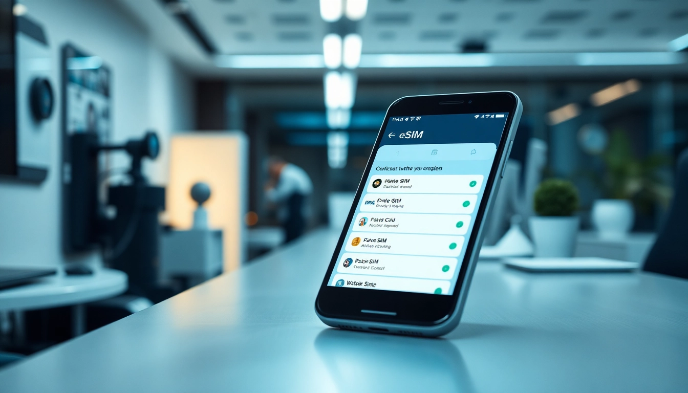 Explore eSIM technology options on a modern smartphone at https://esimfo.com in a professional setting.