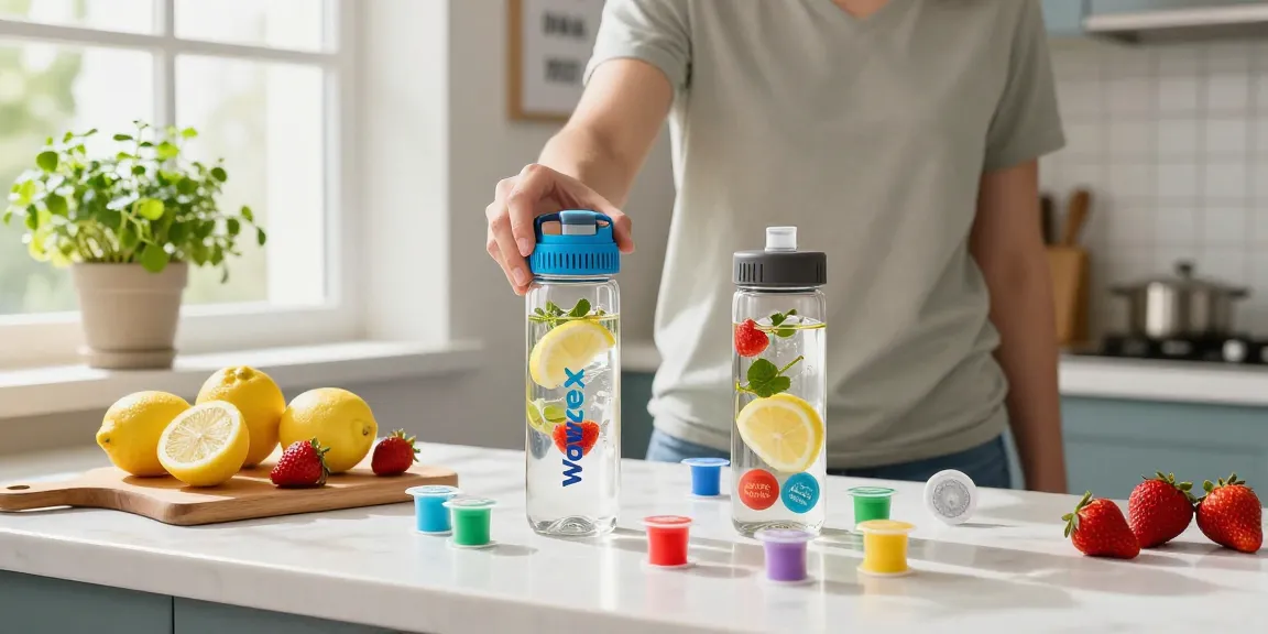 Enjoy using a water bottle with pods for flavorful hydration in a bright kitchen.