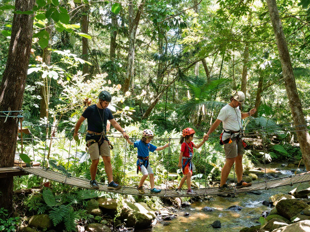 Family crossing a rope bridge in a vibrant forest setting, showcasing outdoor adventure.