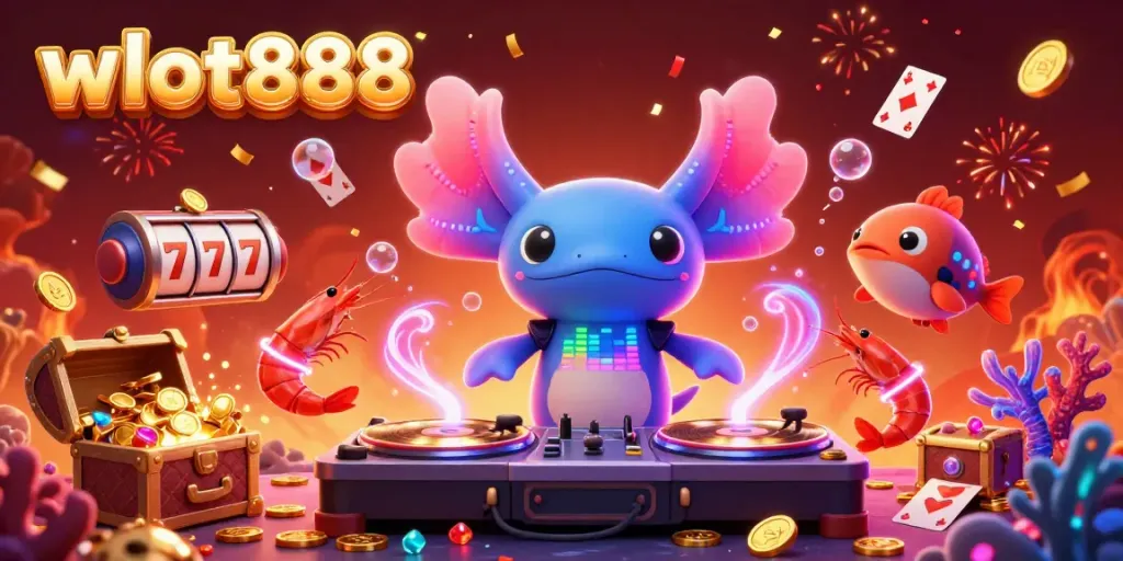 Rasakan keseruan bermain slot online di WSLOT888 dengan ilustrasi DJ aksolot berwarna neon yang menari.