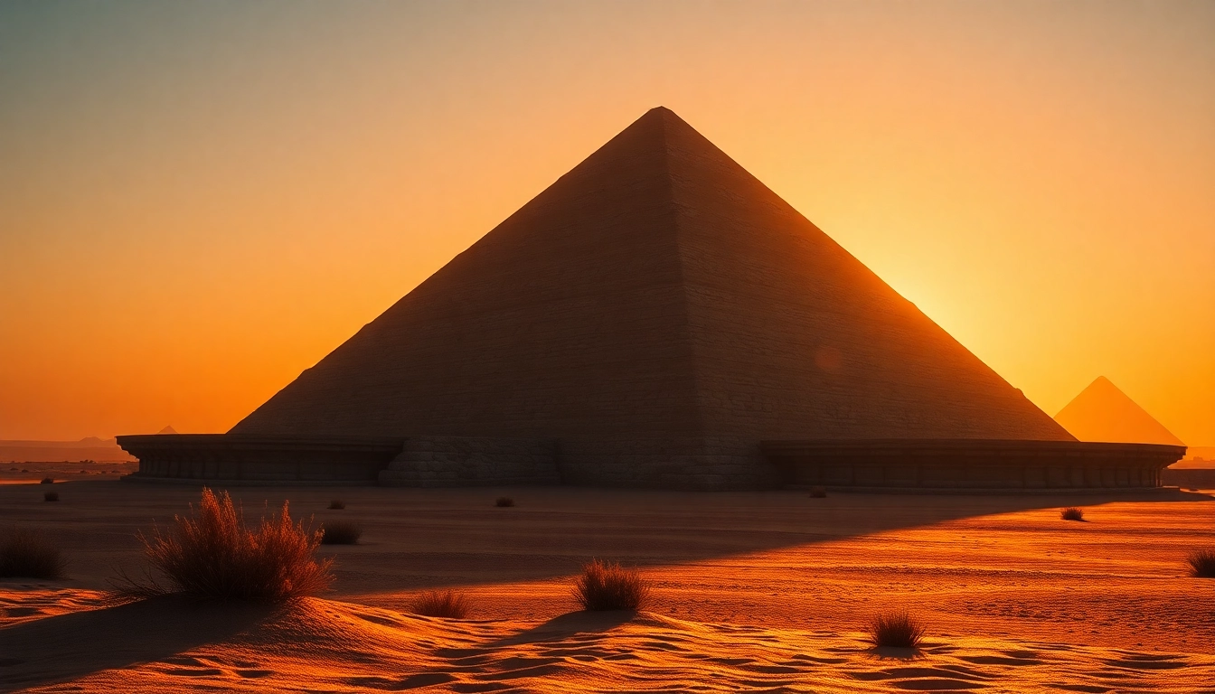 Experience the ancient piraminds under a dramatic sunset with textured stones and surrounding desert.