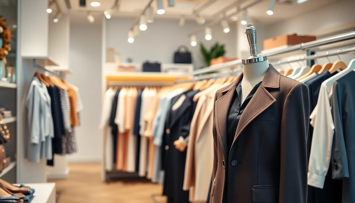 Showcase of stylish apparel by a Women’s Clothing Manufacturer in an elegant boutique.