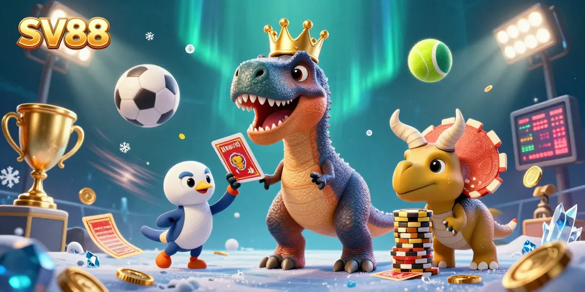 Engage with SV88's thrilling gaming experience featuring cartoon dinosaurs at a vibrant casino scene.