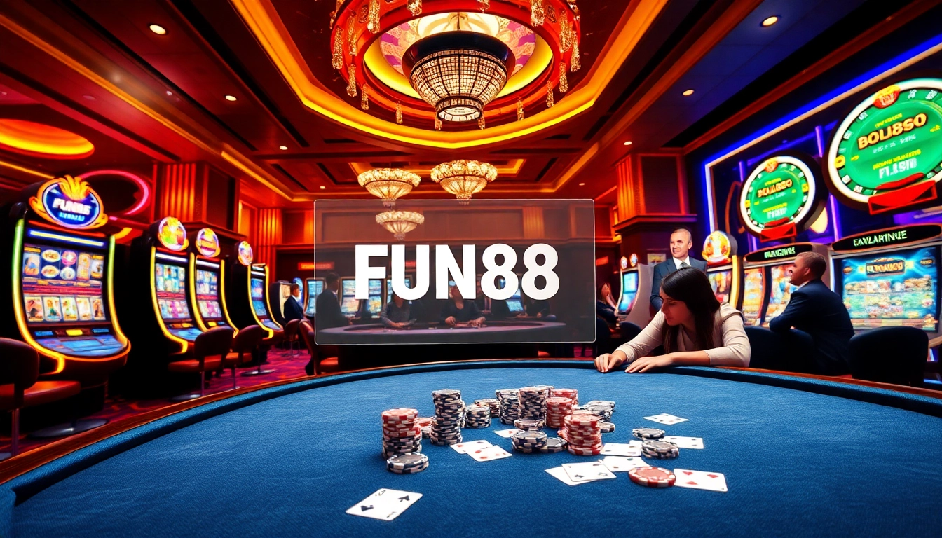 Experience the excitement of FUN88 เข้าระบบ with dynamic casino visuals, featuring poker tables and slot machines.
