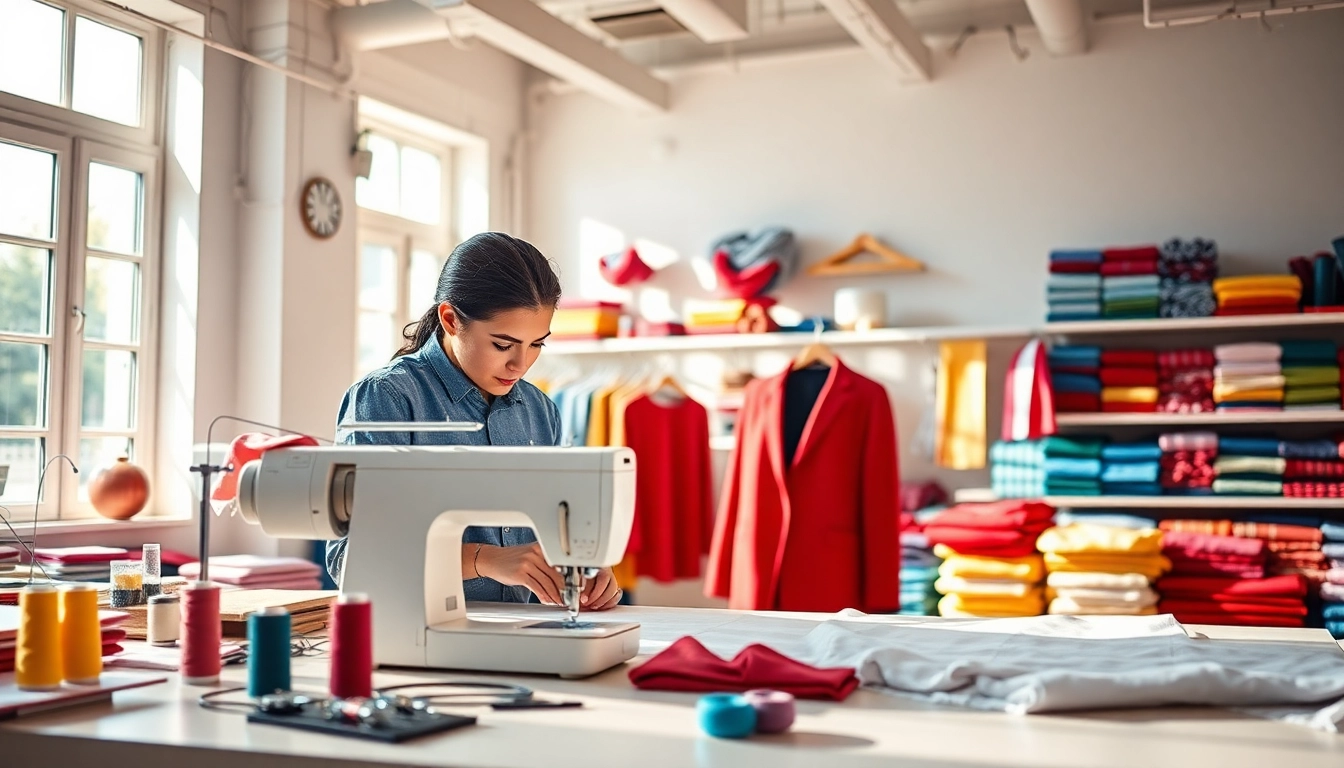 Creating custom sewing Nashville TN garments in a vibrant studio with colorful fabrics.