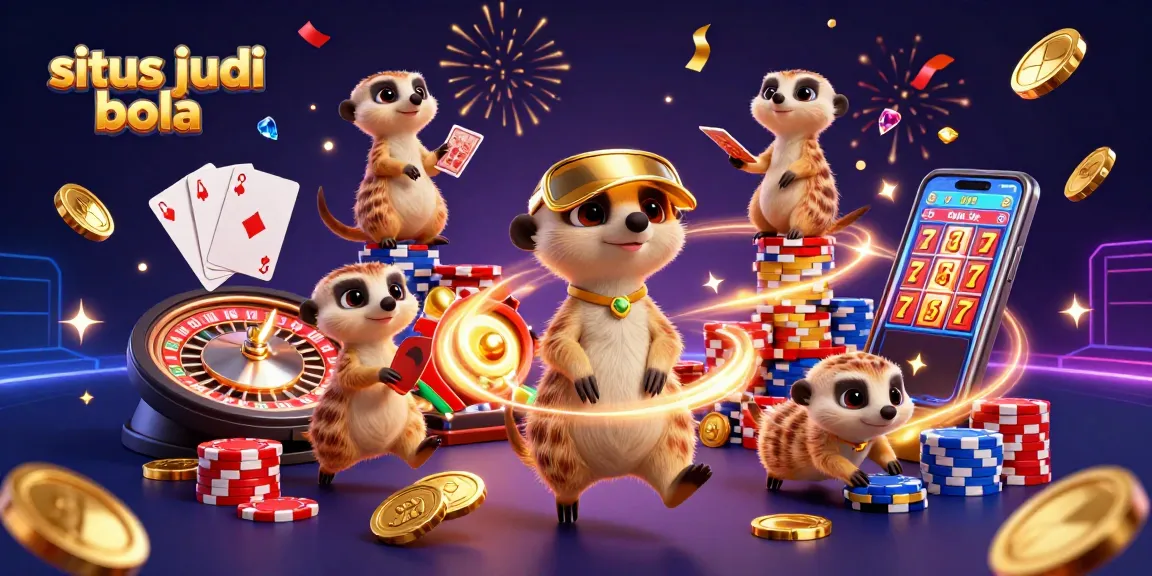 Situs judi bola showcases meerkats operating a vibrant sports betting scene amid cascading gold coins and colorful chips.