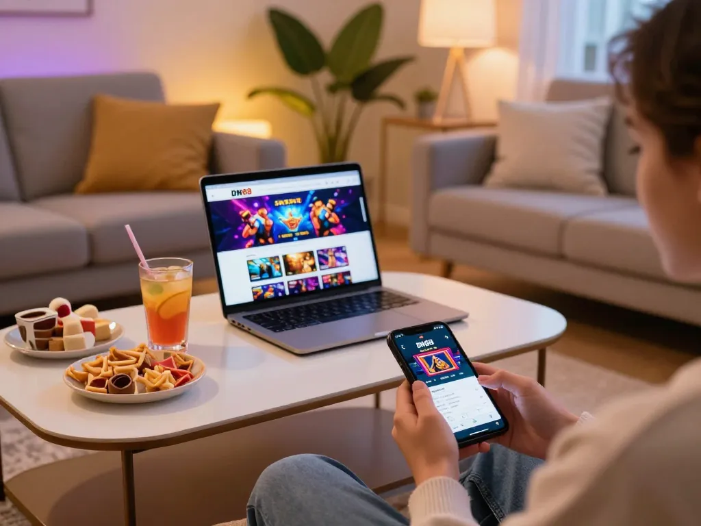 Person enjoying captivating gameplay on the trang chủ dn88 mobile app in a cozy home setting.