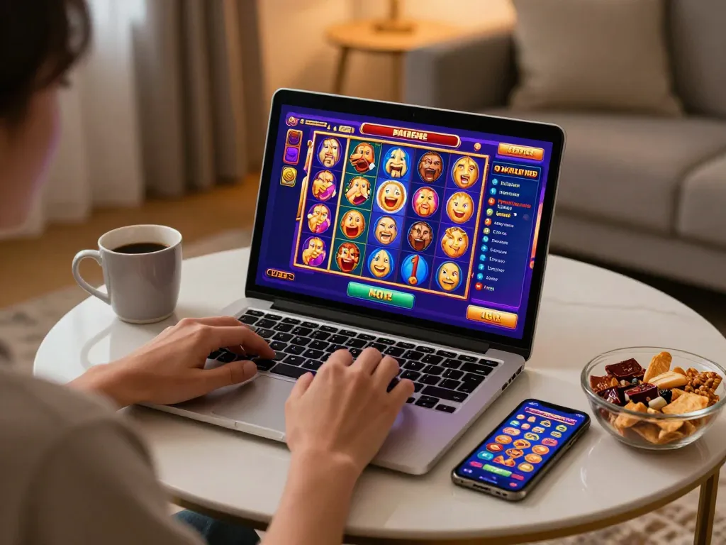Person enjoying online Nk88 casino gaming on laptop with vibrant slots interface, cozy home atmosphere