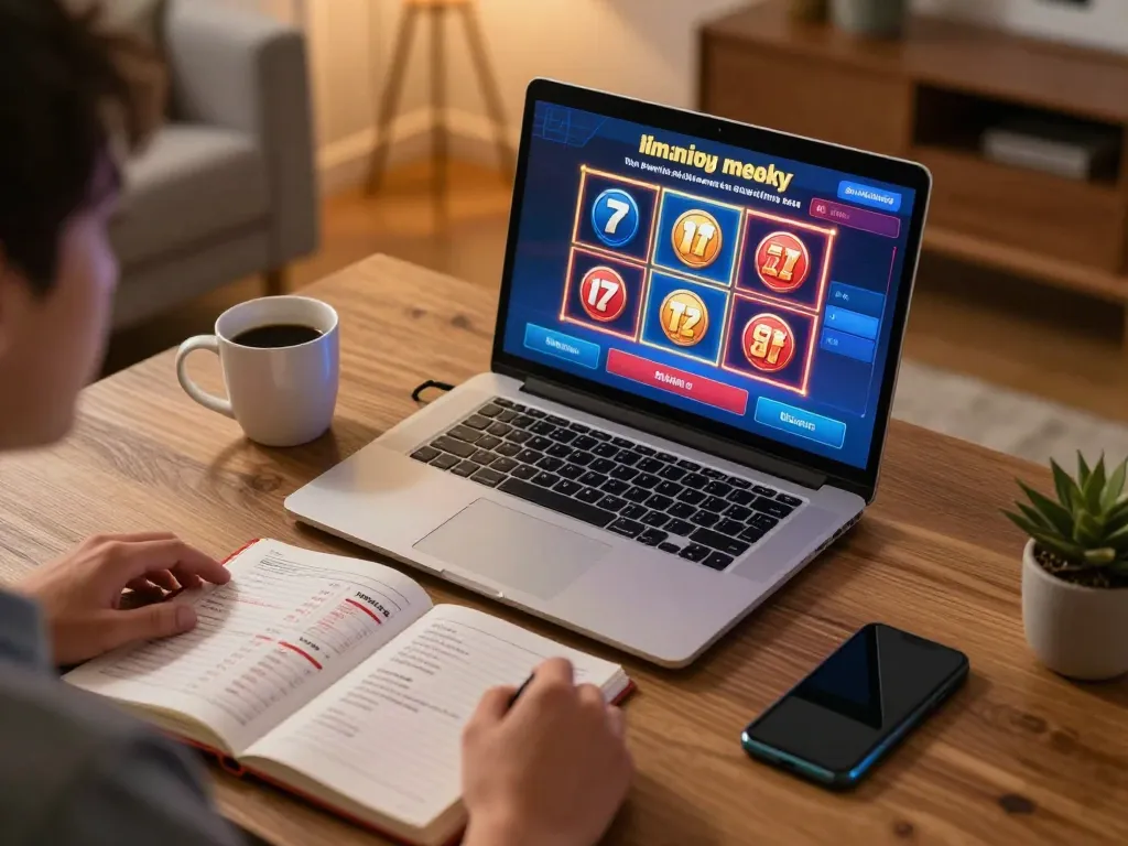 3Win player engaging in online slots from a cozy home setup, showcasing strategy notes and a competitive gaming atmosphere.