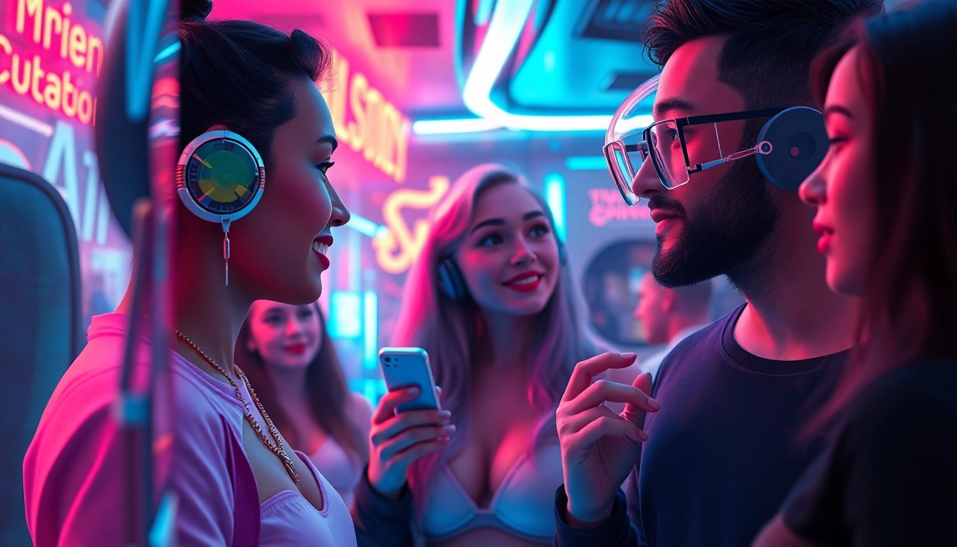 Engaging scene of diverse users interacting with NSFW AI chatbots in a futuristic digital environment.
