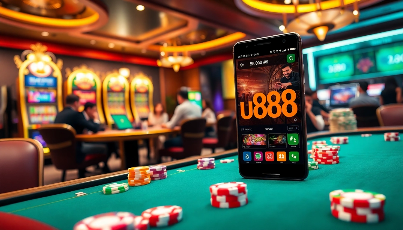 Engaged players experiencing the vibrant atmosphere of U888 online casino with poker chips and slot machines.
