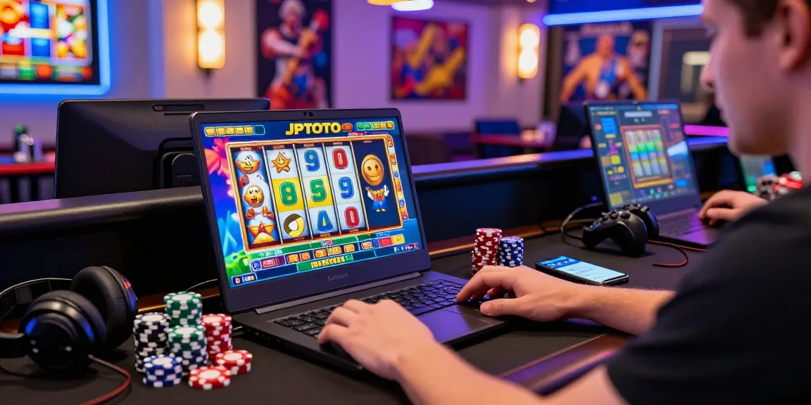 Exciting gaming atmosphere with JPTOTO slots on screen and vibrant player engagement.