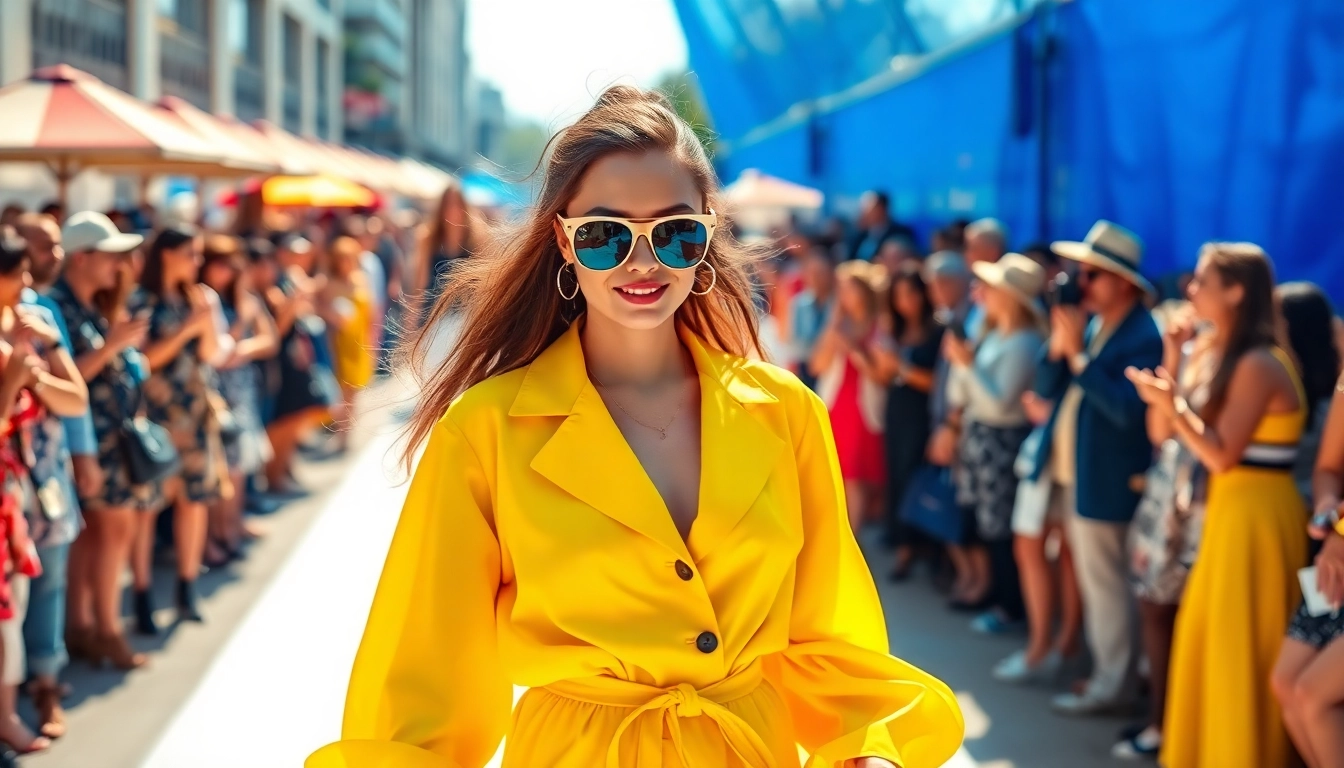 Fashion model showcasing vibrant attire at an outdoor fashion show with a lively atmosphere.