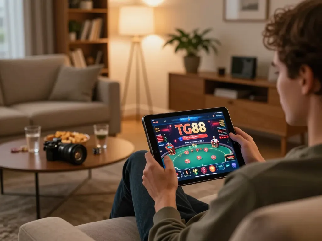 TG88 players engaging in online gaming from a cozy home setting with a tablet