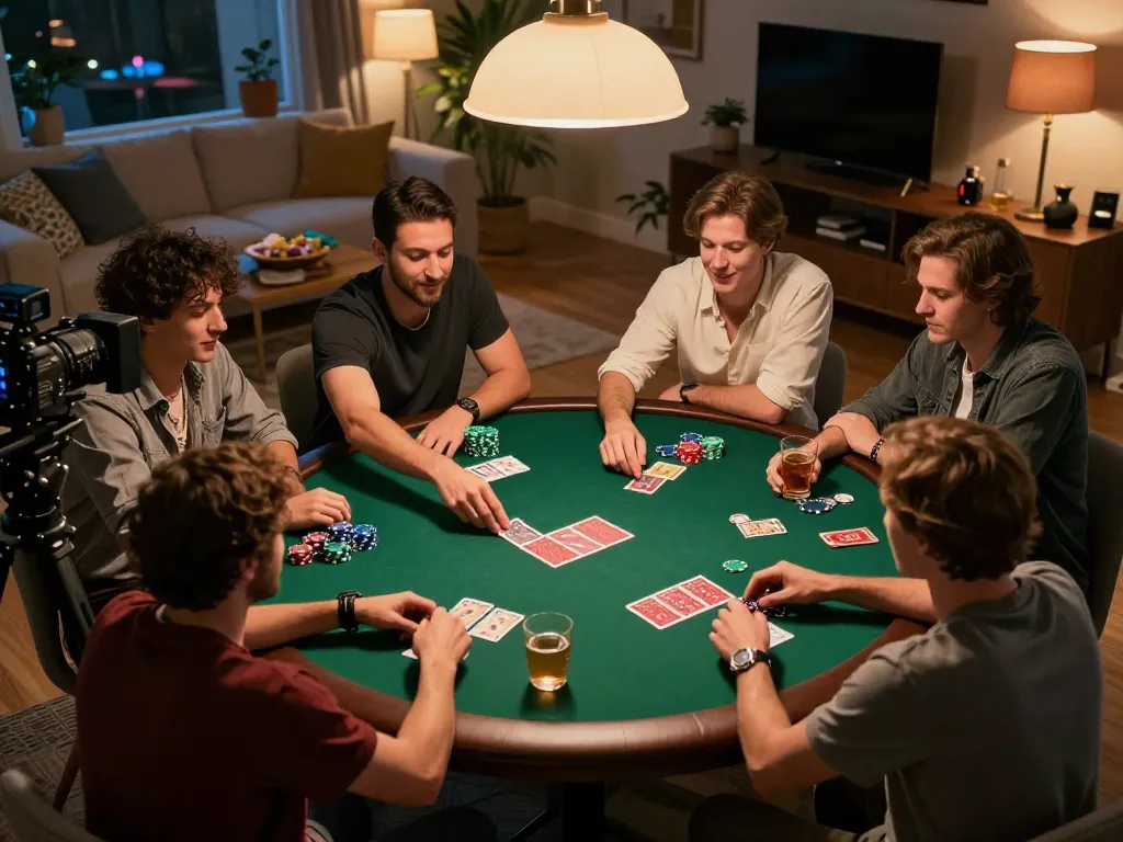 King33 players enjoying a thrilling poker night with chips and cards laid out in an inviting home setting