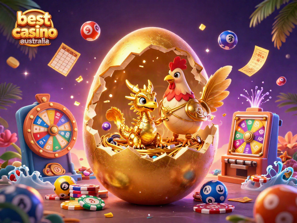 Reveal fortunes at the best mobile casino Australia with a golden dragon amidst vibrant gaming elements.