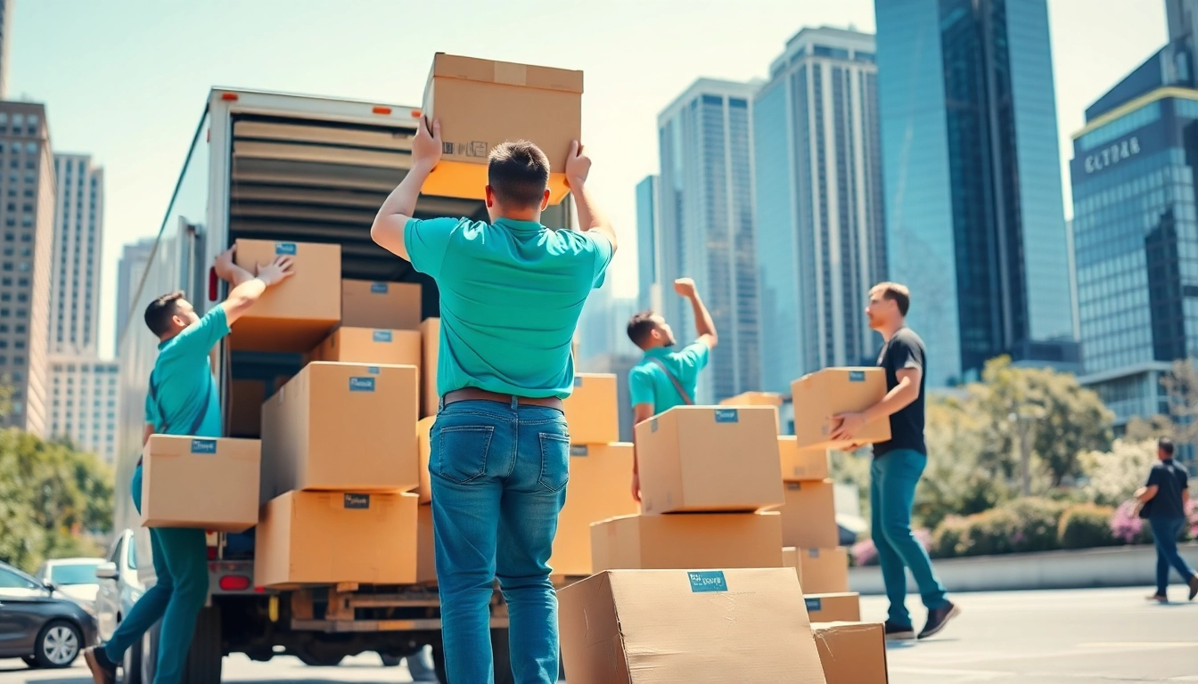 Movers efficiently transporting furniture in a bustling city environment.