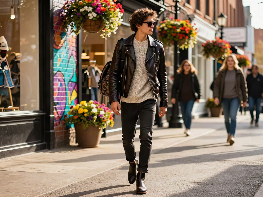 Stylish individual wearing leather jackets in urban street setting