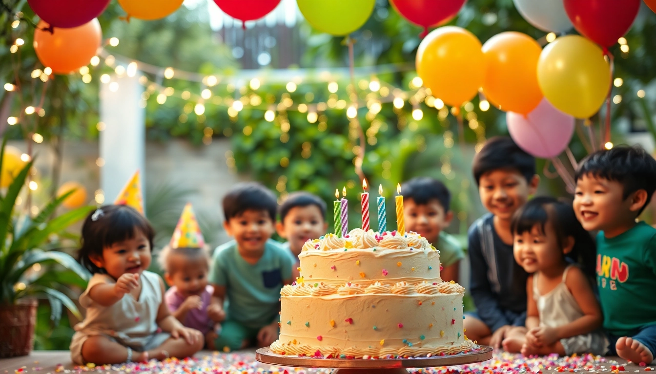 Celebrate a vibrant Singapore birthday party with joyous children, colorful decorations, and delicious cake.