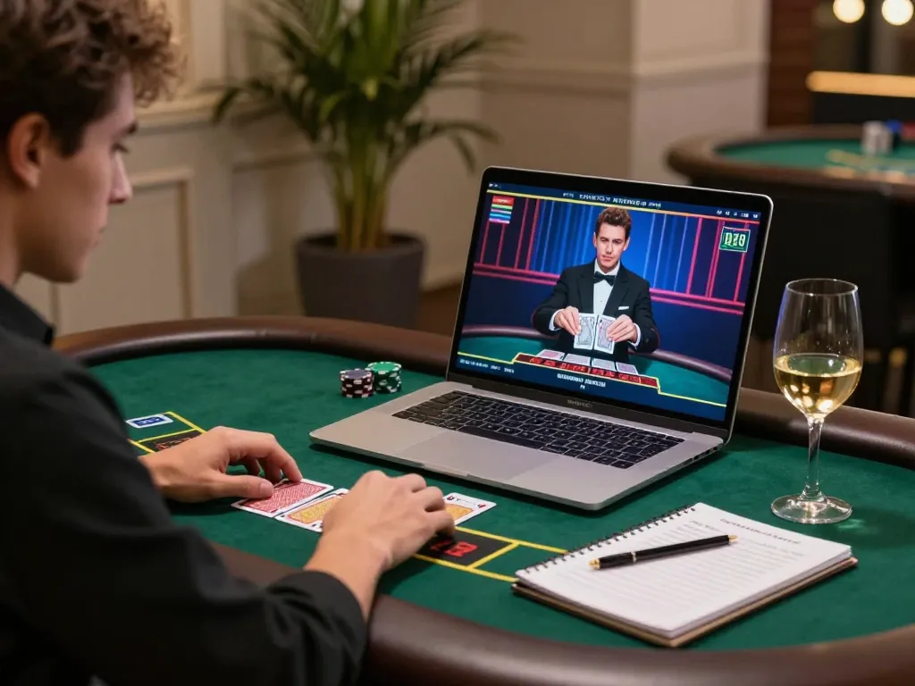 Engaging player at home using a laptop for top quality widgets in a live blackjack game.