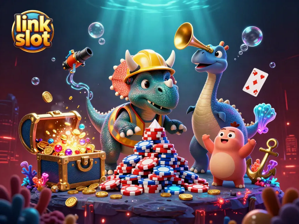 Menghadirkan link slot, ilustrasi kasino 3D dengan triceratops dan komponen slot berkilau.