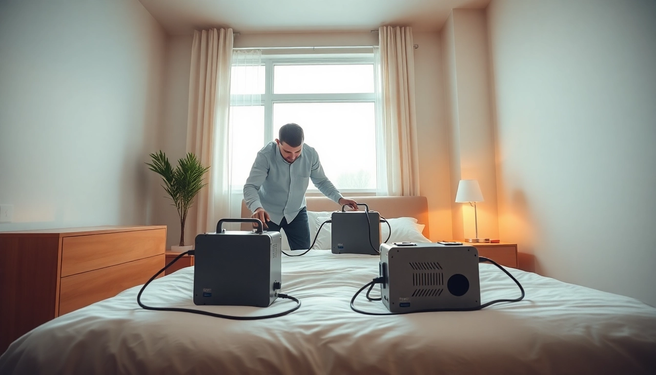 Technician performing bed bug heat treatment in a modern bedroom setting, highlighting equipment.