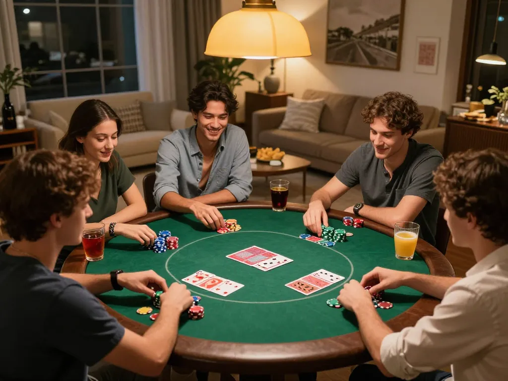 BUKA77 poker night with friends enjoying strategy and gaming, colorful chips and cards visible.