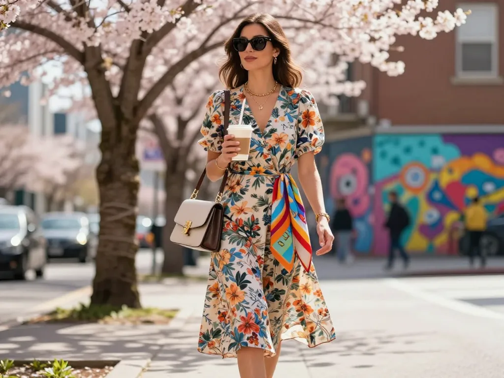 A stylish woman in a floral dress enjoying spring fashion amidst blossoming trees and vibrant city art.