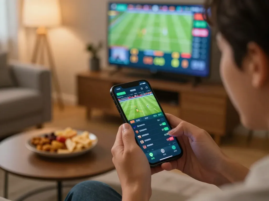 Place live bets on N188 com during an intense sports match using a smartphone in a cozy home setting.