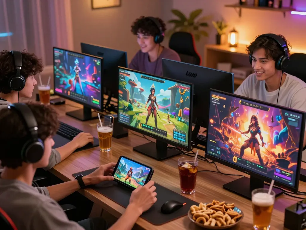 Engaging scene of players enjoying a porn game online with vibrant 3D graphics and cozy setup.