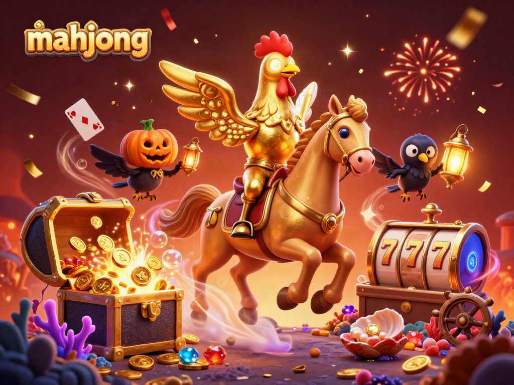 Engage in thrilling mahjong action with vibrant casino elements and festive characters.
