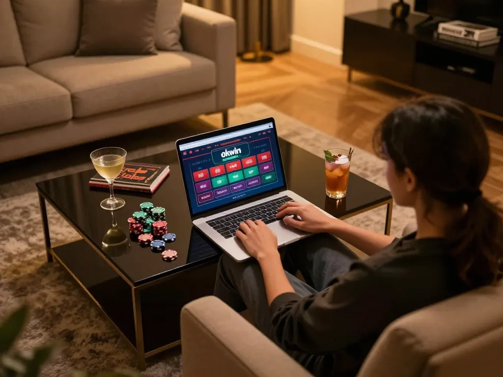 Player engaging in online gambling at okwin with a stylish gaming setup and poker chips