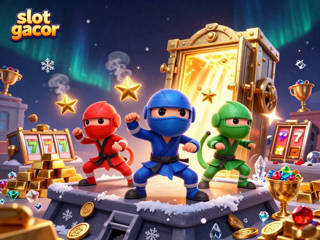 Suasana seru bermain slot gacor dengan karakter kartun ninja chameleon di latar belakang harta karun