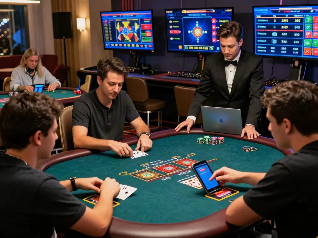 Vibrant du88 online gaming scene with players engaging in card games and digital displays