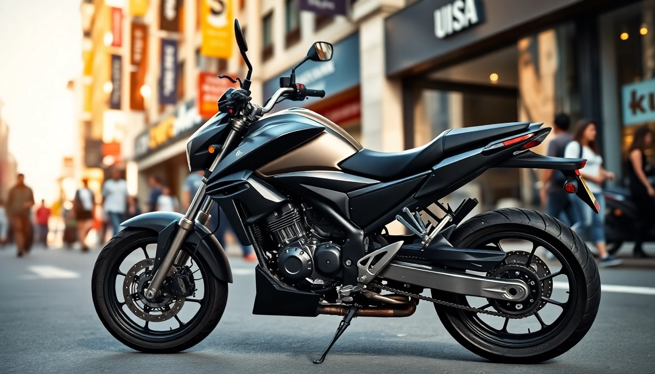 Showcasing affordable street legal motorcycles on a busy city street with vibrant storefronts.