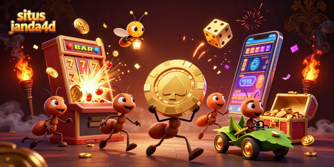 Permainan seru di situs janda4d dengan semut mencuri chip poker emas dan jackpot slot.