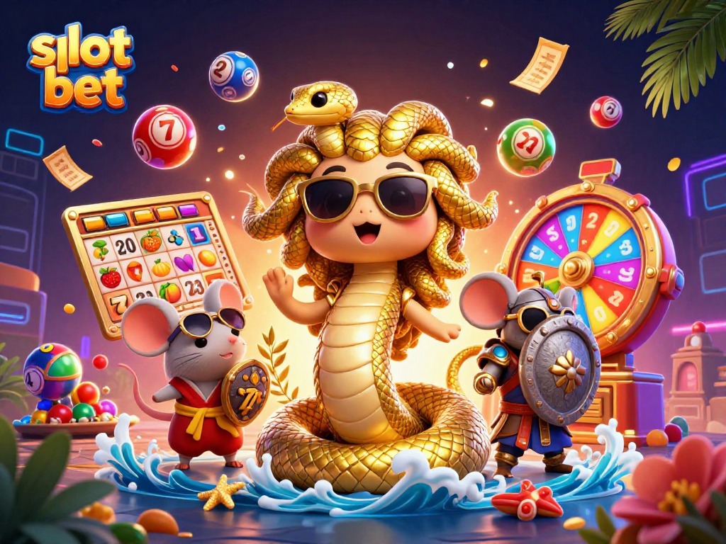 Slot bet dengan karakter Medusa dan mouse, serta simbol slot yang penuh warna