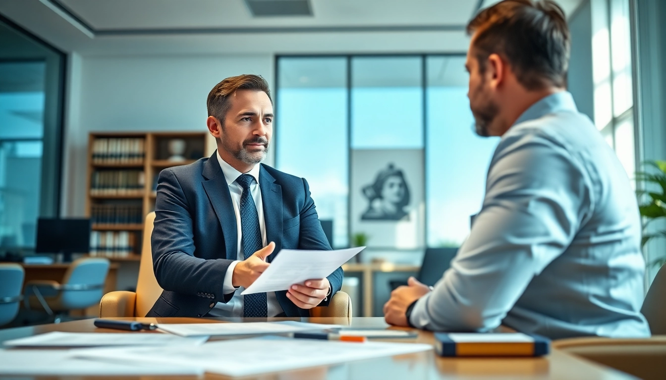 Engaging Boca Raton Construction Litigation Lawyer consulting with a client in a modern office setting.