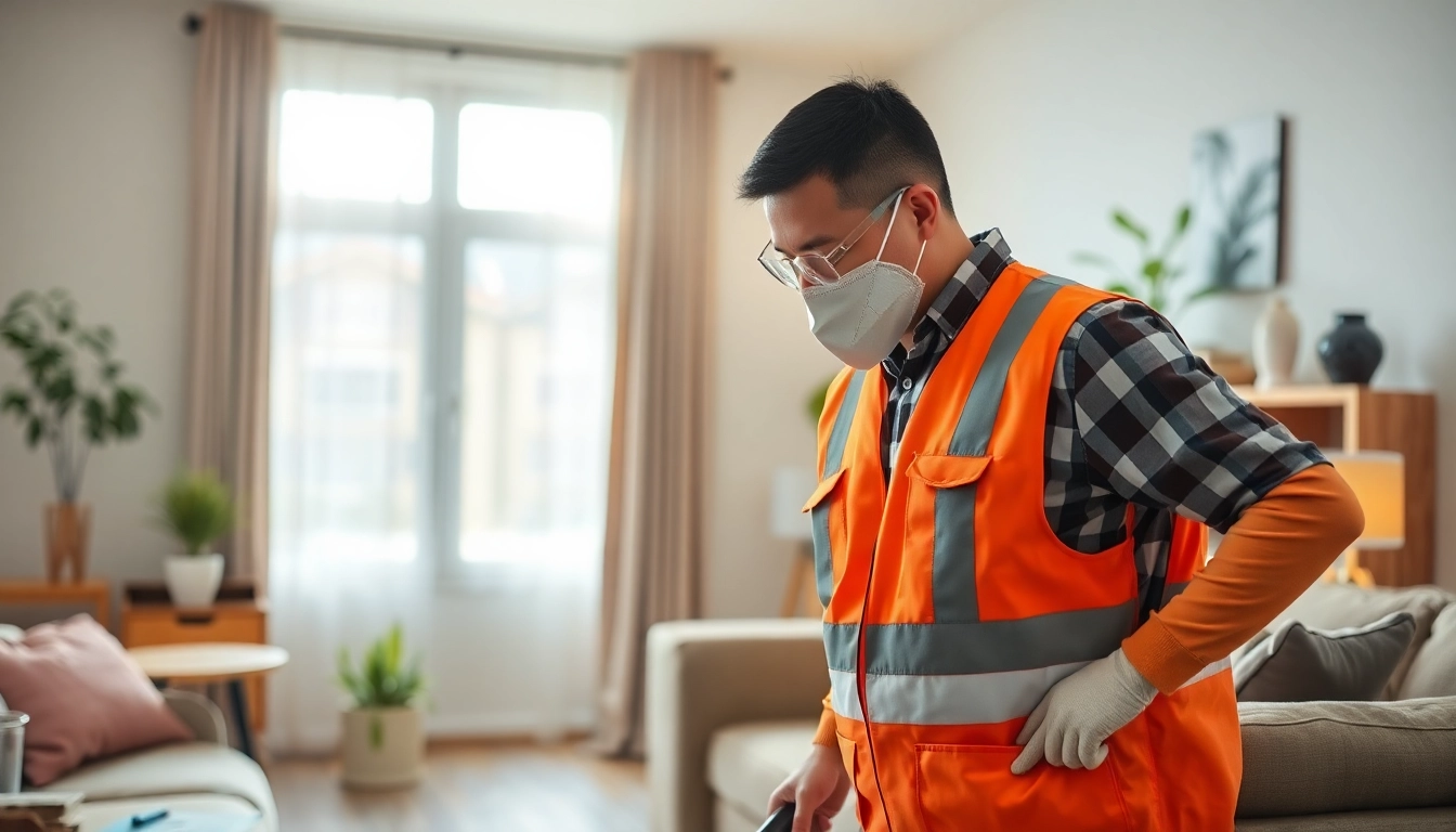 Schedule pest control visit with a professional inspecting for pest issues in a bright home setting.