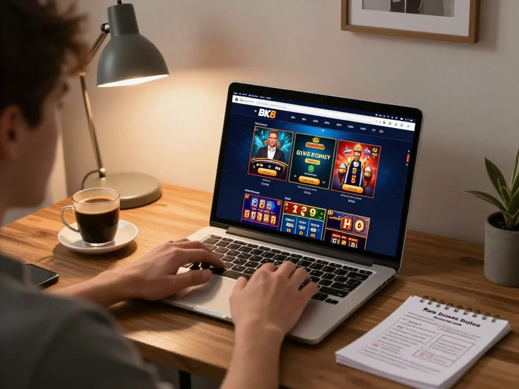 Engaged gamer using BK8 app on laptop for online casino games, warm home setting.