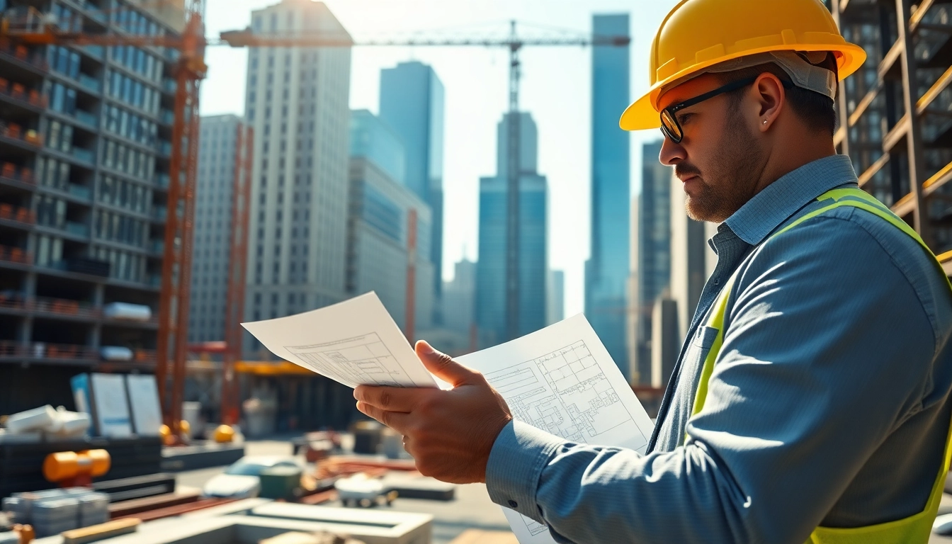 New York City Construction Manager reviewing blueprints on an active construction site.