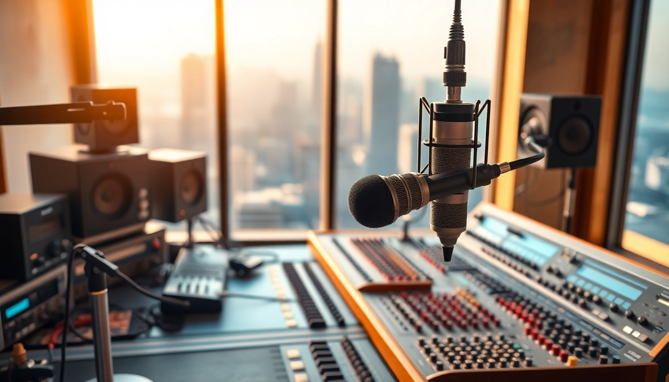 Live broadcasting at https://chadronradio.com/ showcasing a vintage microphone and city views.