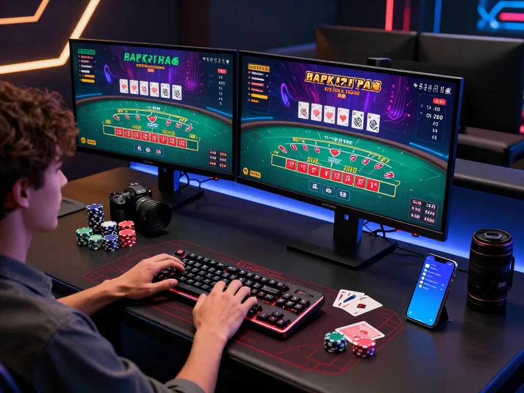 Engaging online baccarat experience showcasing a sleek gaming setup with vibrant screens and stylish accessories, reflecting the world of 바카라사이트.