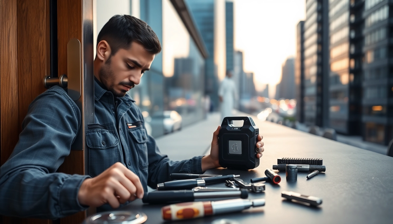Skilled 24h locksmith repairing a lock in a city setting with high-tech tools.
