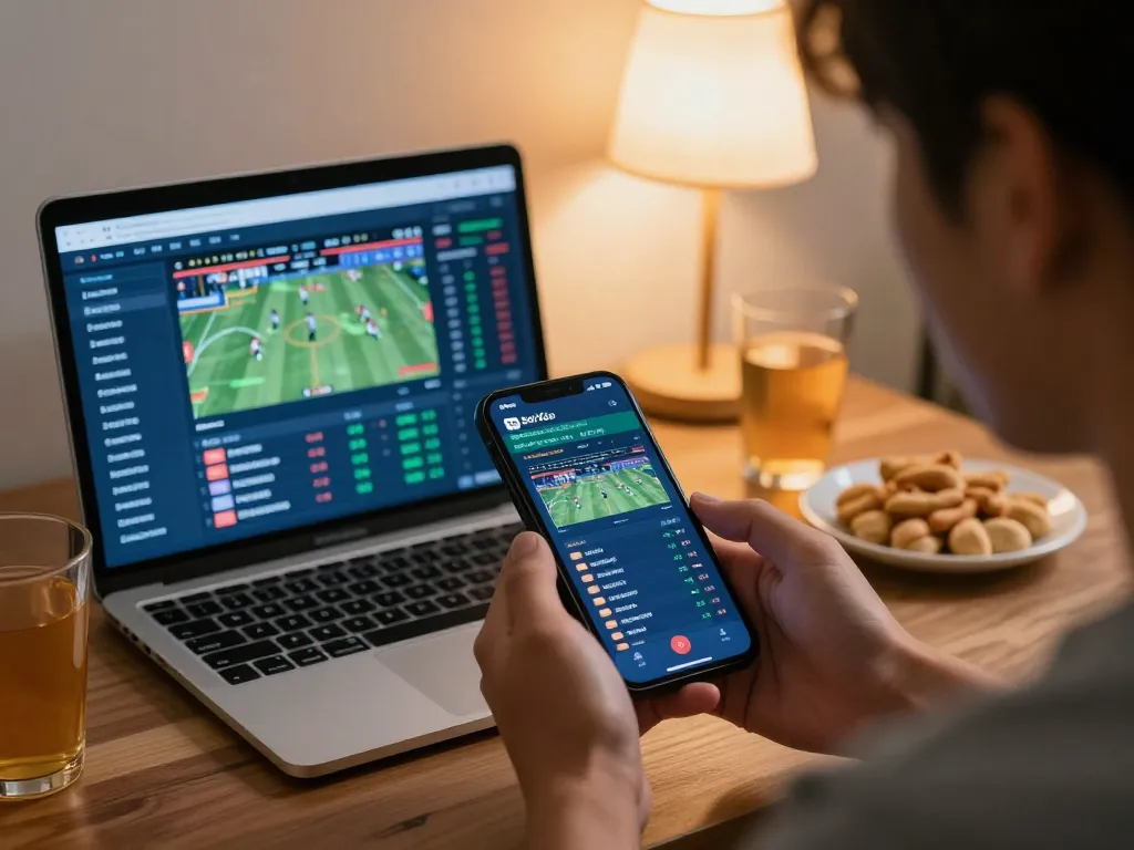 Soi Kèo live sports betting on smartphone with engaging odds, showcasing a comfortable home gaming setup