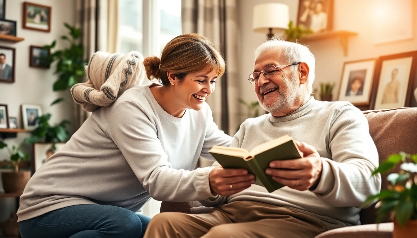 Engaging caregiver providing in home senior care to a smiling elderly man in a cozy living room.