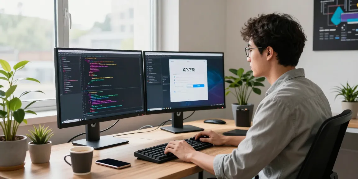 Developer working on 纸飞机下载 at a dual-monitor setup in a modern tech workspace.