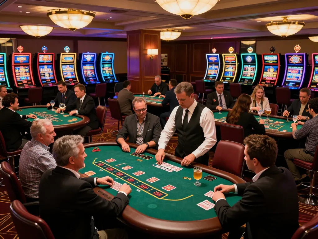 Players enjoying blackjack at Thabet, showcasing excitement and strategic bets in an upscale casino environment.