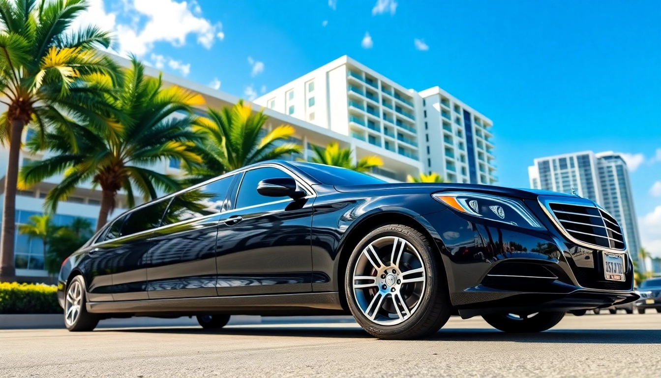 Enjoy the luxury of a premium limousine service Miami parked outside a contemporary hotel.