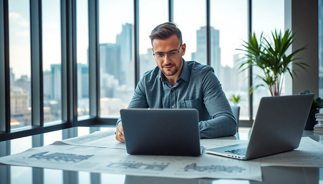 Real Estate Developer analyzing architectural plans in a modern office environment.